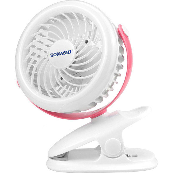 Sonashi 2 In 1 Clip and Desk Fan, SRF-104, 4 Inch, 1.2Ah, Pink/White