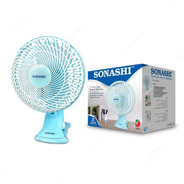 Sonashi 3 In 1 Clip-Desk and Wall Fan, SF-8009CN, 7 Inch, 22W, Blue