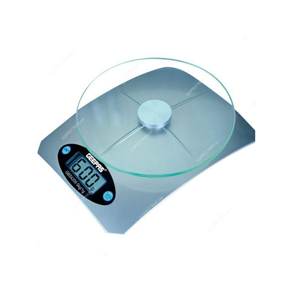 Geepas Digital Kitchen Scale, GBS4209, ABS/Glass, 3 Digits, 5 Kg Weight Capacity, Blue