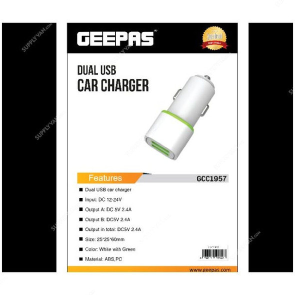 Geepas USB Car Charger, GCC1957, ABS and PC, 12-24VDC, 2.4A, White/Green