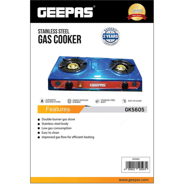 Geepas Gas Cooker, GK5605, Stainless Steel, 2 Burner, Silver