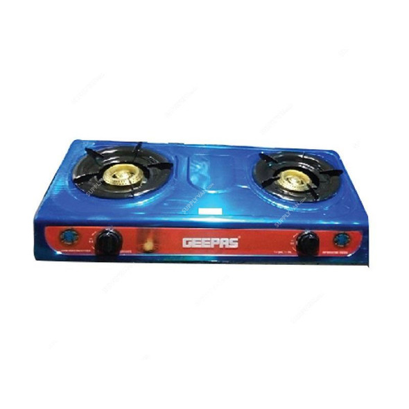 Geepas Gas Cooker, GK5605, Stainless Steel, 2 Burner, Blue/Red