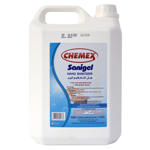 Chemex Sanigel Hand Sanitizer, Liquid, 5 Ltrs