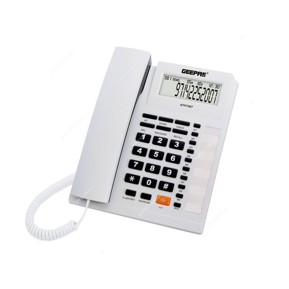 Geepas Corded Telephone, GTP7187, 16 Digits LCD, White