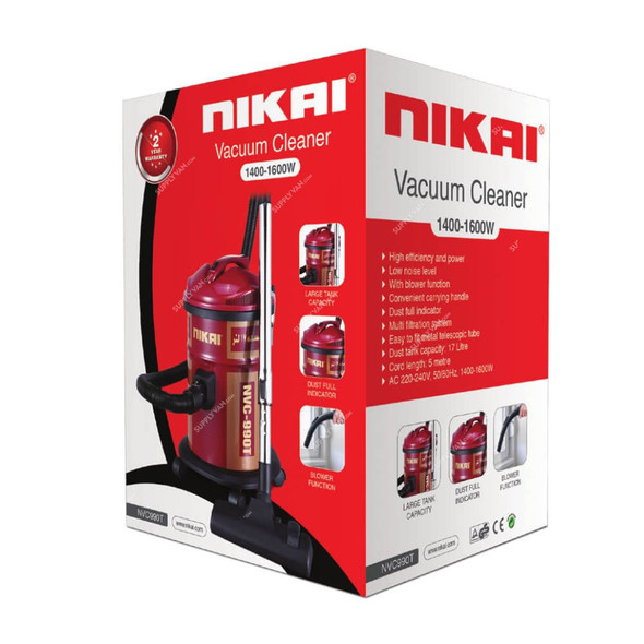 Nikai Drum Vacuum Cleaner, NVC990T, 1600W, 17 Ltrs, Red/Black