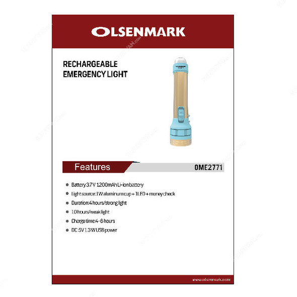 Olsenmark Rechargeable LED Emergency Light, OME2771, 3.7V, 1200mAh, Blue/Gold