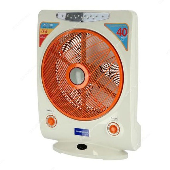 Olsenmark Rechargeable Fan With Led Emergency Light, OMF1608, 12V, 700mAh, 14 Inch, Orange/White