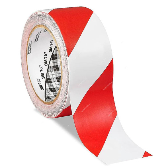 3M Hazard Warning Tape, 767, 50MM x 33 Mtrs, Red/White