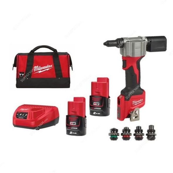 Milwaukee Cordless Rivet Tool Kit, M12BPRT-202B, 12V, 5 Pcs/Kit