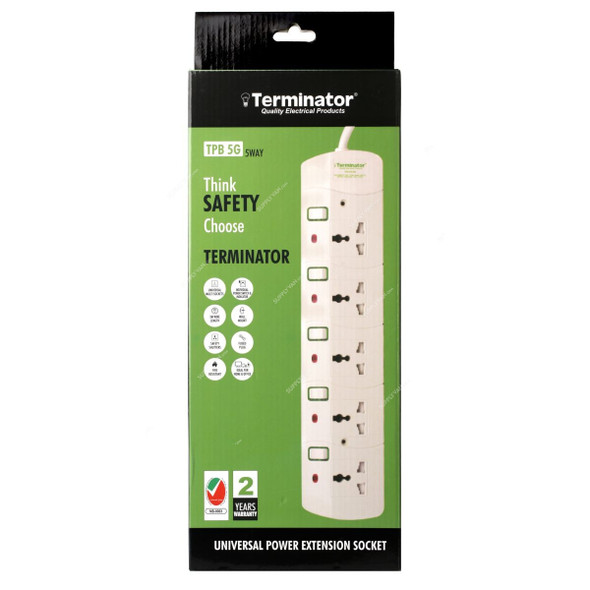 Terminator Universal Power Extension Socket, TPB-5G, 5 Way, 3 Mtrs, 13A