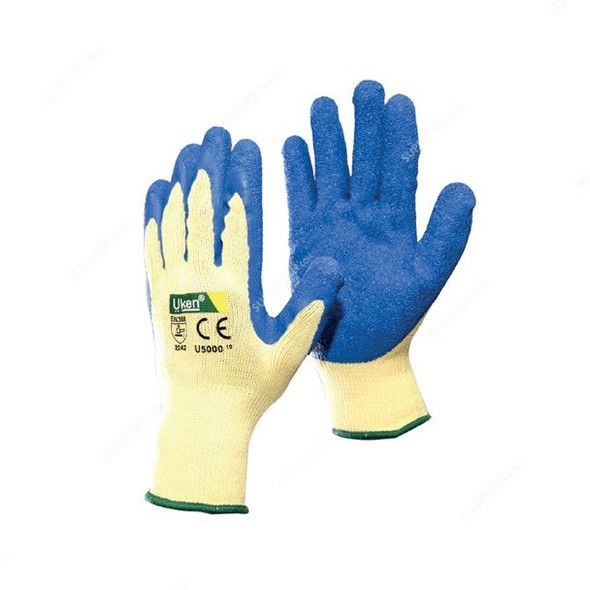 Uken Latex Coated Gloves, U5000, Polyester, Beige/Blue