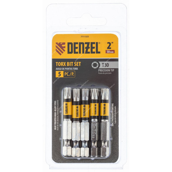 Denzel Torx Screwdriver Bit, 7711323, T30 x 2 Inch, 5 Pcs/Pack