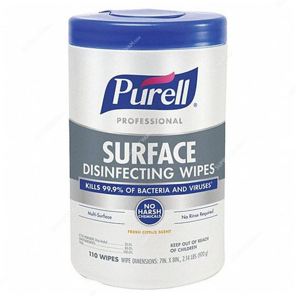 Purell Professional Surface Disinfecting Wipes, 9342-06, White, 110 Pcs/Pack