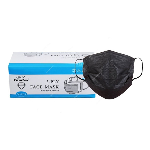 Vaultex Disposable Mask, BCM, 3 Ply, Black, 50 Pcs/Pack