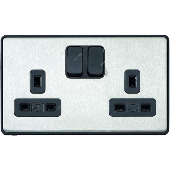 MK DP Dual Earth Switched Socket, K24347BSSB, 2 Gang, 13A, Brushed Stainless Steel