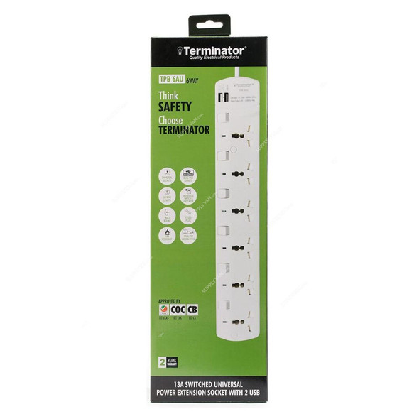 Terminator Universal Power Extension Socket With 2 USB Port, TPB-6AU, 6 Way, 13A, 3 Mtrs, White
