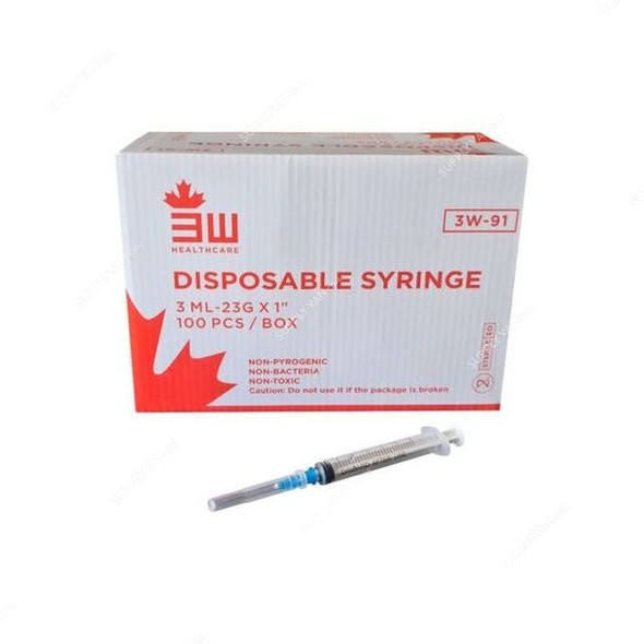 3W Disposable Syringe, NO-91, 23 Gauge, 1 Inch Needle Size, 3ML Capacity, 100 Pcs/Box