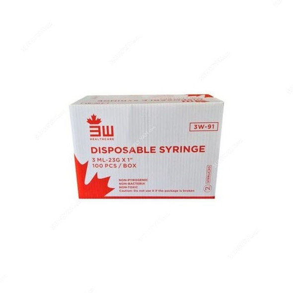 3W Disposable Syringe, NO-91, 23 Gauge, 1 Inch Needle Size, 3ML Capacity, 100 Pcs/Box