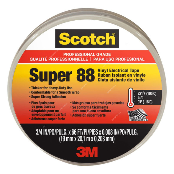 3M Vinyl Electrical Tape, Scotch Super 88, 3/4 Inch Width x 66 Feet Length, Black