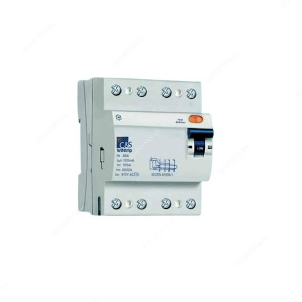 C&S Electric Residual Current Circuit Breaker, CSRB4P63A100, WiNtrip, 4 Pole, 63A, 100mA