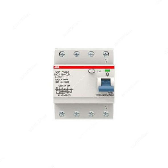 ABB Residual Current Circuit Breaker, F204-AC-100-0-3-IEC, 4 Pole, 300mA, 100A