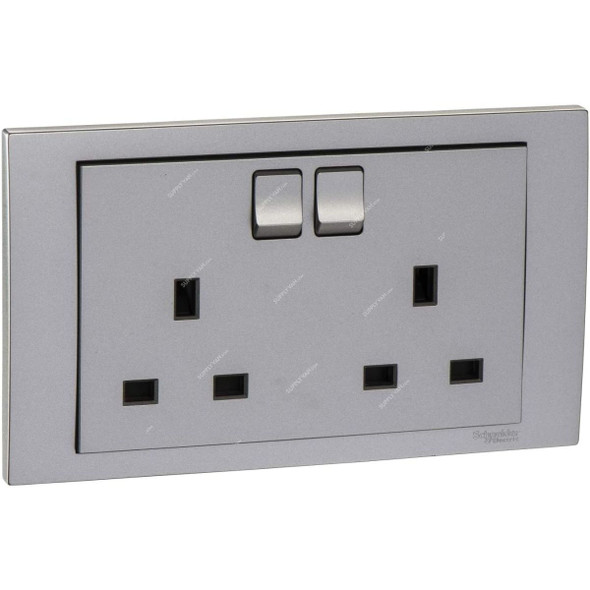 Schneider Electric Twin Gang Switched Socket, KB25-AS, Vivace, 2 Gang, 2P + E, 13A, 250VAC, Aluminium Silver
