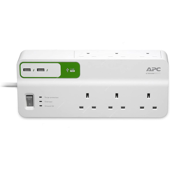 Schneider Electric 6 Outlet APC Essential Surge Protector With 2 USB Port, PM6U-UK, 2.4A, 230V, White