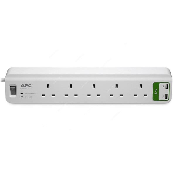 Schneider Electric 5 Outlet APC Essential Surge Protector With 2 USB Port, PM5U-UK, 13A, 230VAC, White