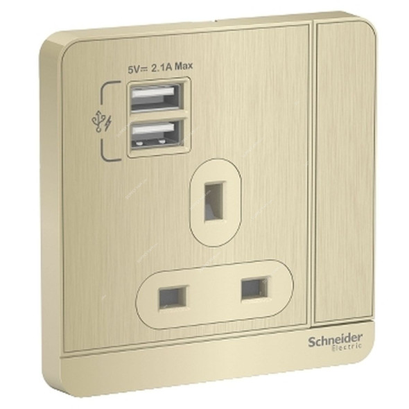 Schneider Electric Switched Socket With 2 USB Port, E8315USB-GH-G12, AvatarOn, 3P, 13A, 250VAC, Metal Gold Hairline