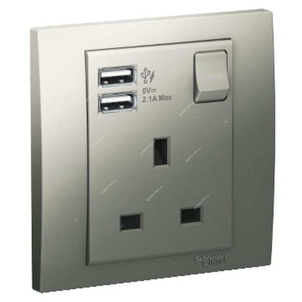Schneider Electric Single Switched Socket With 2 USB Port, KB15USB-AS, Vivace, 1 Gang, 13A, 220-250V, Aluminium Silver