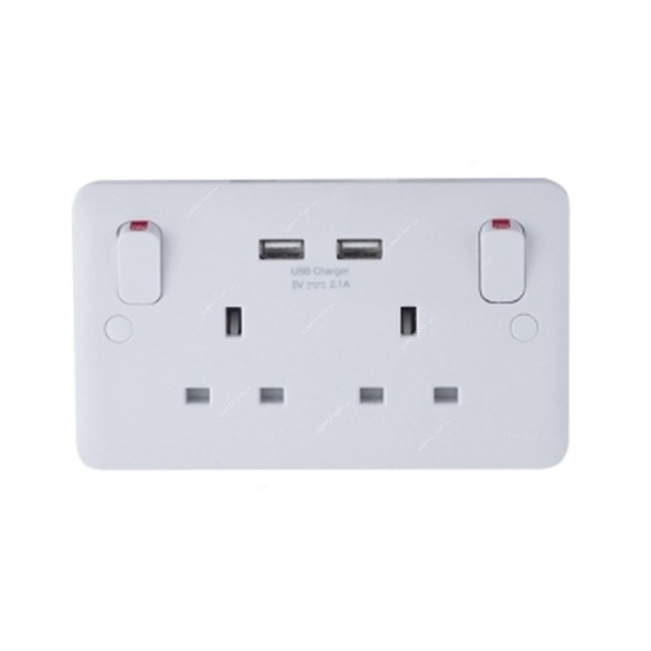 Schneider Electric Moulded Twin Switched Socket With 2 USB Port, GGBL30202USBAS, Lisse, 13A, White