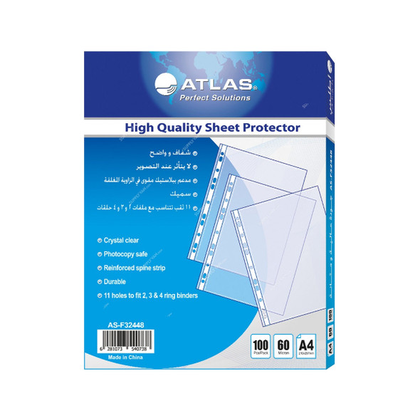 Atlas Sheet Protector, AS-F32448, Polypropylene, A4, 60 Micron, Clear, 100 Pcs/Pack