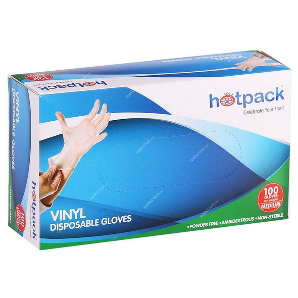 Hotpack Powder Free Vinyl Gloves, VGMPF, Medium, White, 100 Pcs/Pack