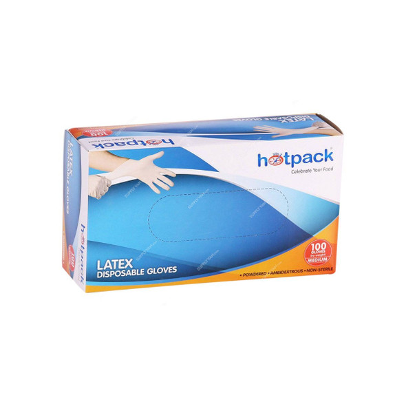 Hotpack Powdered Latex Gloves, PFLGM, Medium, White, 100 Pcs/Pack