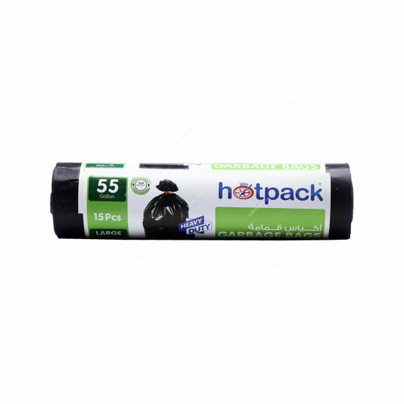Hotpack Heavy Duty Garbage Bag Roll, HSMGBR80110, 55 Gallon, 80CM Width x 110CM Length, Black, 15 Bags/Roll