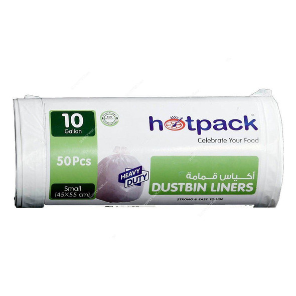 Hotpack Heavy Duty Dustbin Liner Roll, HSMDBBRW4555, 10 Gallon, 45CM Width x 55CM Length, White, 50 Bags/Roll