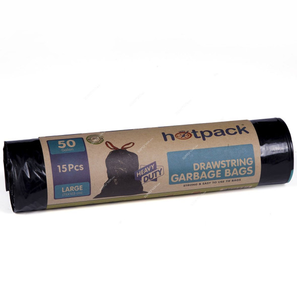 Hotpack Heavy Duty Drawstring Garbage Bag, HSMTBBR90110, 60 Gallon, 90CM Width x 110CM Length, Black, 10 Bags/Roll