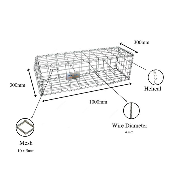 Admax Gabion Basket With Outdoor Spiral, ADG103030410, Galvanized Steel, 4MM Wire Dia, 30CM Width x 100CM Length