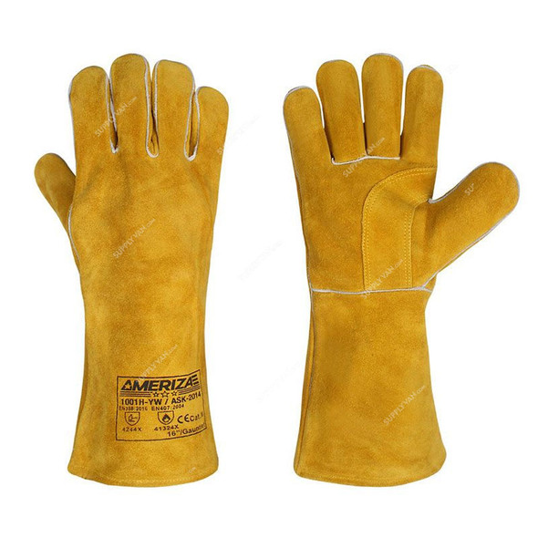 Ameriza Welding Gloves With Hockey Palm, 1001H-YW-ASK-2014, Leather, 16 Inch, Yellow, 12 Pairs/Pack