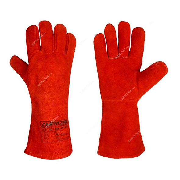 Ameriza Welding Gloves W/o Piping, 1001-RD-ASK-2014-RD, Leather, 16 Inch, Red, 12 Pairs/Pack