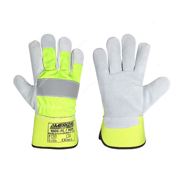 Ameriza Single Palm Rigger Gloves With Reflective, 1005-FL-1026, Leather, 10 Inch, Fluorescent Yellow/White, 12 Pairs/Pack