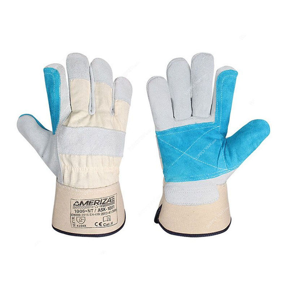 Ameriza Double Palm Rigger Gloves, 1006-NT-ASK-1001, Leather, 10.5 Inch, Blue/Natural, 12 Pairs/Pack