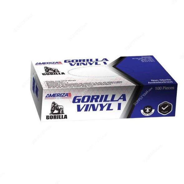 Ameriza Powder Free Disposable Vinyl Gloves, Gorilla Vinyl I, PVC, M, White, 100 Pcs/Pack