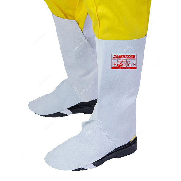 Ameriza Welding Leg Guard With Piping, Split Leather, 15 x 8 Inch, White