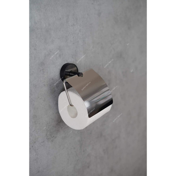Kapitan Toilet Roll Holder With Cover, 64-03, Optimo, Stainless Steel/ABS, Polished, Silver/Black