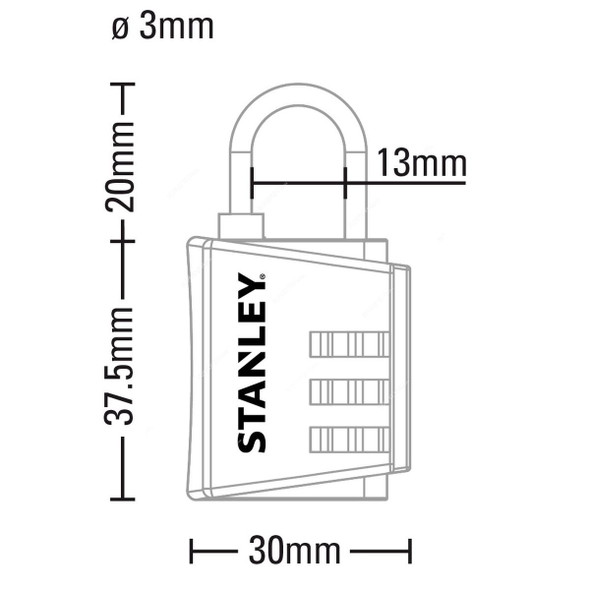 Stanley 3 Digit Combination Padlock, S742-055, Zinc, 30MM