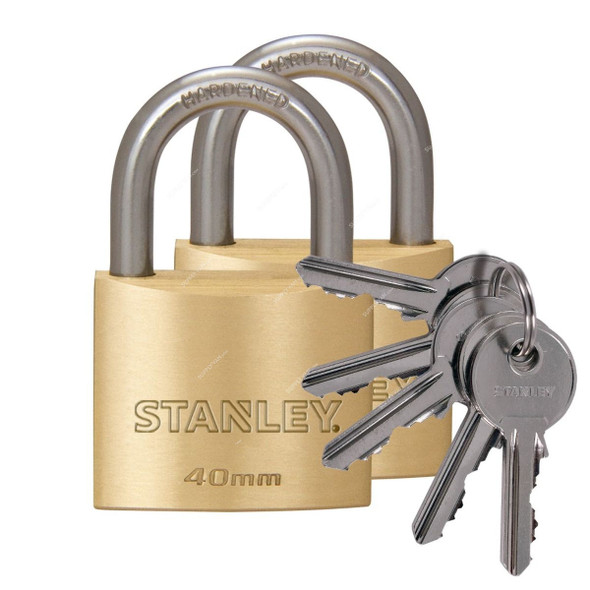 Stanley Keyed Padlock, S742-036, Solid Brass, 40MM, 2 Pcs/Pack