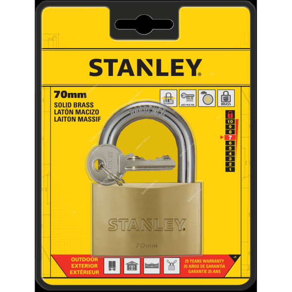 Stanley Keyed Padlock, S742-034, Solid Brass, 70MM