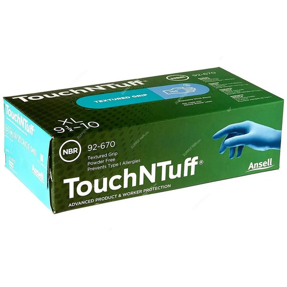 Ansell Safety Gloves, 92-670, TouchNTuff, Nitrile, 240MM Length, XL, Light Blue, 100 Pcs/Pack