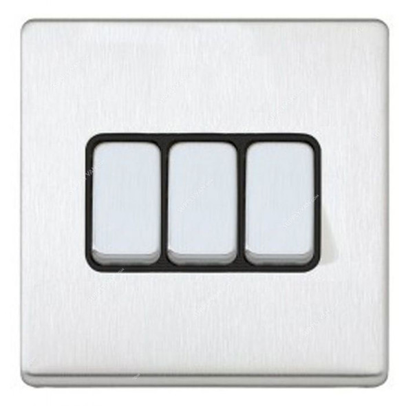 Mk Single Pole Electrical Plate Switch, K24373BSSB, Aspect, 3 Gang, 2 Way, 10A, Brushed Stainless Steel